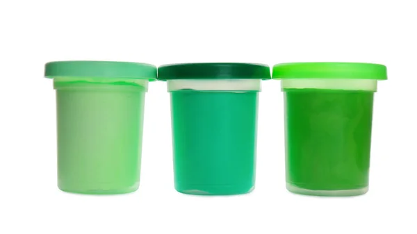 Envases Plástico Con Masa Juego Diferentes Colores Aislada Blanco —  Fotos de Stock