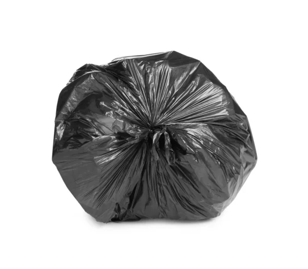 Μαύρη Σακούλα Σκουπιδιών Γεμάτη Σκουπίδια Που Απομονώνονται Λευκό — Φωτογραφία Αρχείου