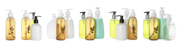设置与不同瓶子的液体肥皂在白色背景 条幅设计 — 图库照片