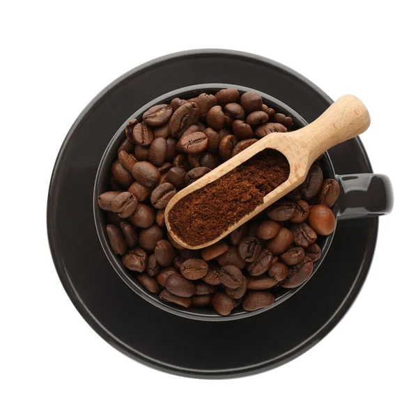 Coffee Grounds Roasted Beans White Background Top View — Stock Photo, Image