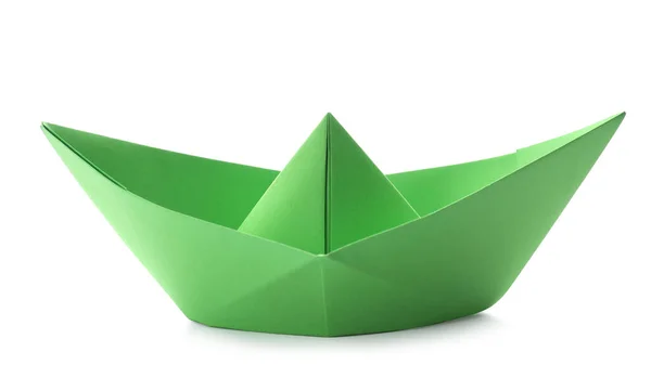 Зеленая Бумажная Лодка Ручной Работы Изолирована Белом Искусство Оригами — стоковое фото