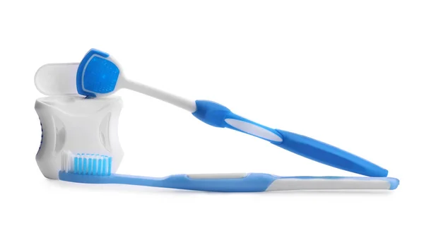 Zungenreiniger Zahnseide Und Zahnbürste Auf Weißem Hintergrund — Stockfoto
