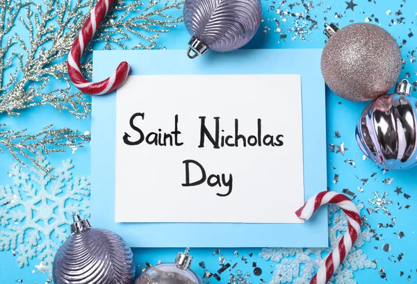 Tarjeta Con Texto San Nicolás Día Decoración Festiva Sobre Fondo — Foto de Stock