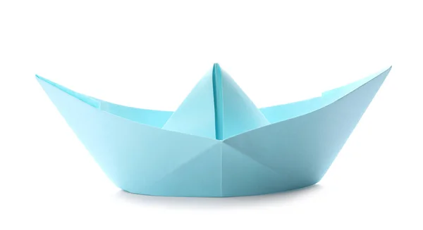 Bateau Papier Bleu Clair Main Isolé Sur Blanc Origami Art — Photo