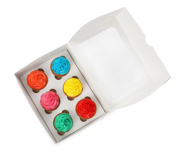 Caja Con Diferentes Cupcakes Sobre Fondo Blanco Vista Superior — Foto de Stock