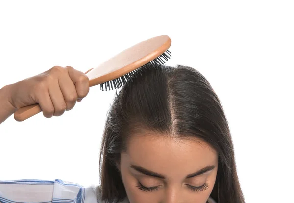 Mulher Com Problema Perda Cabelo Fundo Branco Close Tratamento Tricologia — Fotografia de Stock