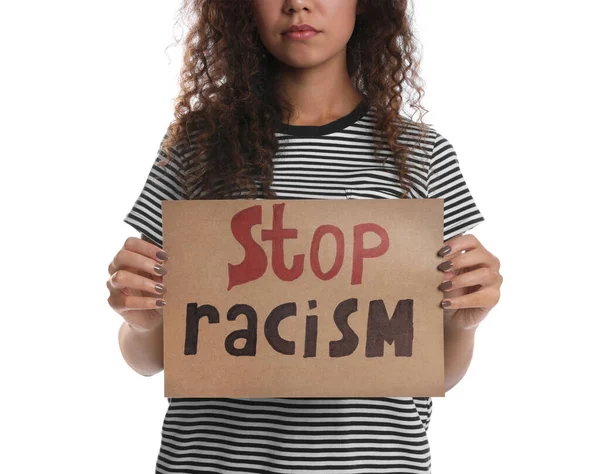 Mujer Afroamericana Sosteniendo Cartel Con Frase Stop Racism Sobre Fondo — Foto de Stock