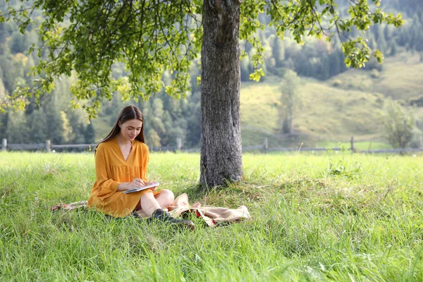 Bella Giovane Donna Disegno Con Matita Blocco Note Erba Verde — Foto Stock