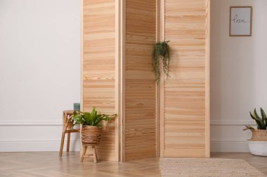 Katlanan ekran ve beyaz duvarın yanındaki güzel bitkiler. İç tasarım