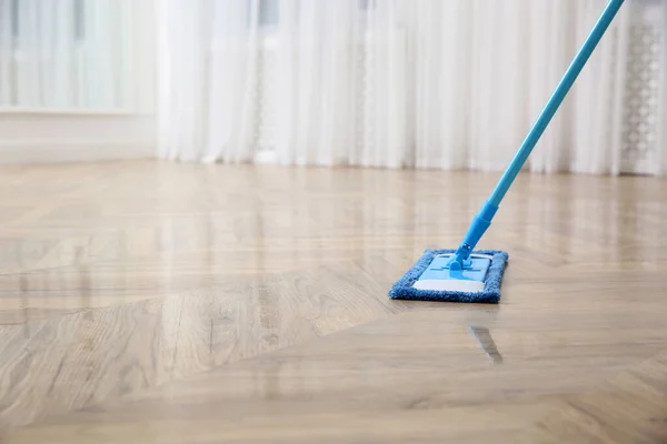 Washing Parquet Floor Mop Indoors Closeup Space Text — Stock Photo, Image