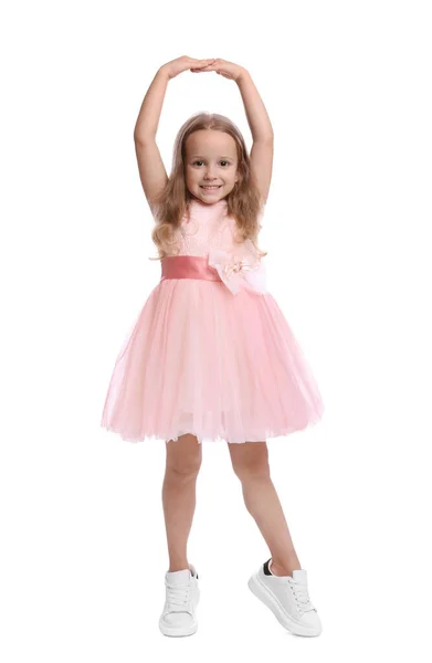 Linda Niña Hermoso Vestido Bailando Sobre Fondo Blanco — Foto de Stock