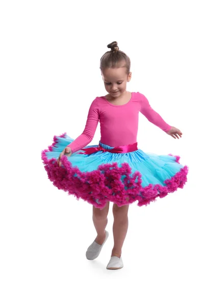 Милая Маленькая Девочка Костюме Танцует Белом Фоне — стоковое фото
