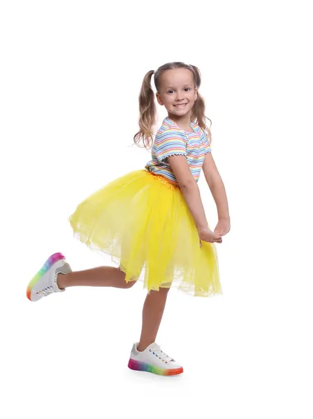 Nettes Kleines Mädchen Tutu Rock Das Auf Weißem Hintergrund Tanzt — Stockfoto