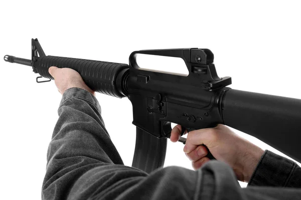 Arma Assalto Homem Apontando Rifle Fundo Branco Close — Fotografia de Stock