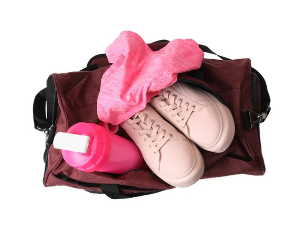Sports Bag Gym Stuff Isolated White Top View — Stock Photo, Image