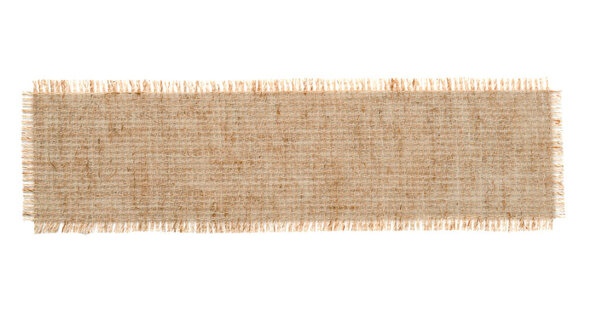 Piece of natural burlap fabric on white background, top view