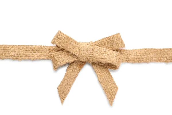 Burlap Ribbon Pretty Bow White Background Top View — Stock Photo, Image