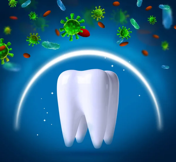 带蓝色背景保护盾和微生物图解的牙齿模型 牙科保健 — 图库照片