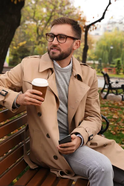 Handsome Man Wearing Stylish Clothes Cup Coffee Autumn Park — Stock Photo, Image