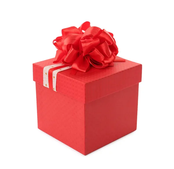Caixa Presente Vermelho Com Arco Isolado Branco — Fotografia de Stock