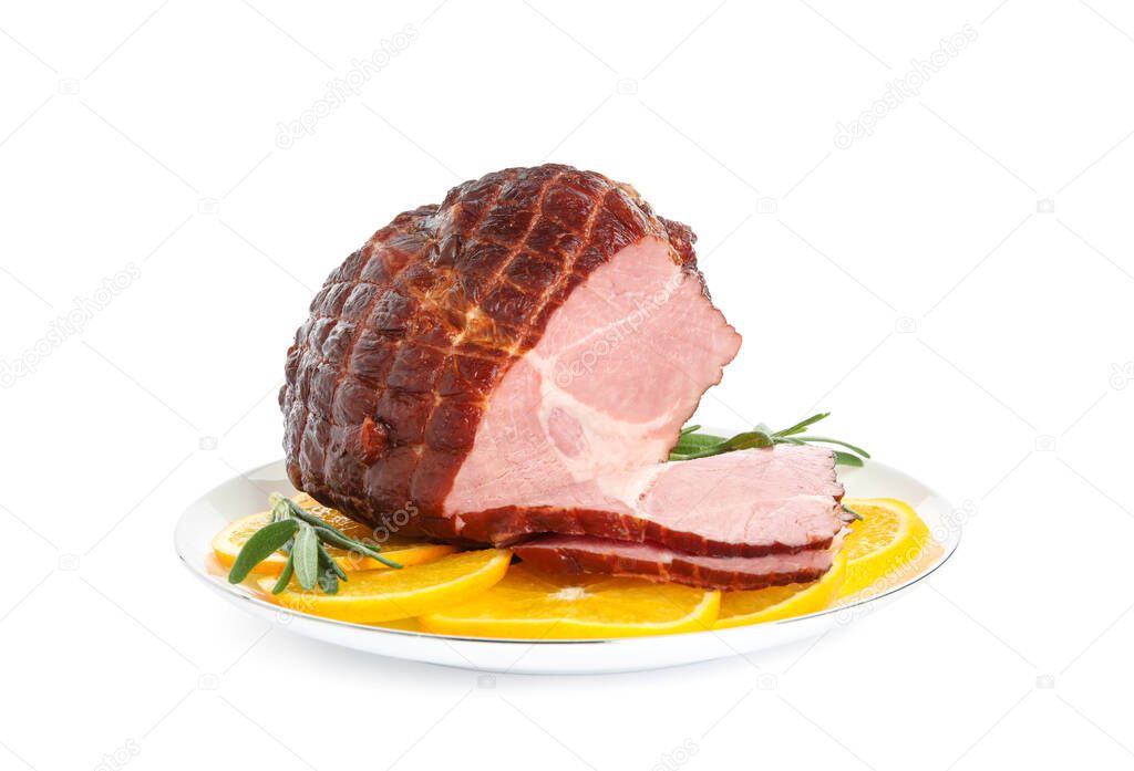 Delicious ham with orange slices and rosemary isolated on white