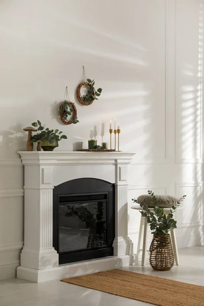 美しい暖炉とユーカリの枝とスタイリッシュな部屋 — ストック写真
