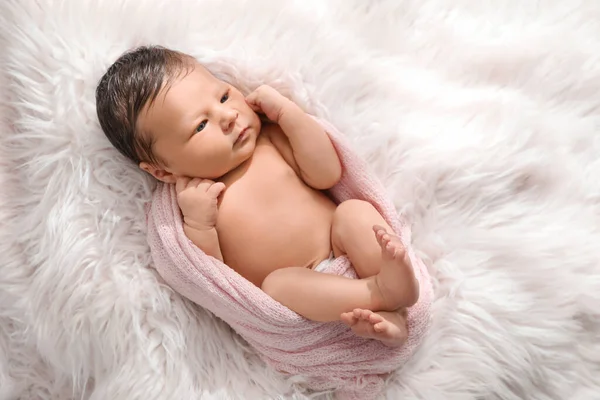 Cute Newborn Baby Lying Fuzzy Blanket Top View — Stock Photo, Image