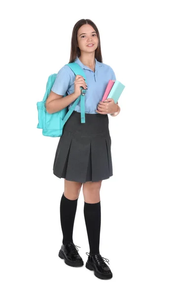 Tiener Meisje School Uniform Met Boeken Rugzak Witte Achtergrond — Stockfoto