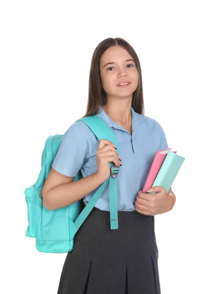 Tiener Meisje School Uniform Met Boeken Rugzak Witte Achtergrond — Stockfoto