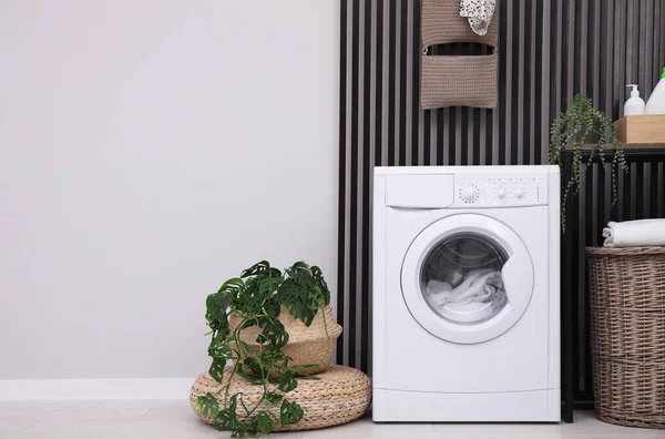 Interior Ruang Cuci Dengan Mesin Cuci Dan Tanaman Rumah Ruang — Stok Foto
