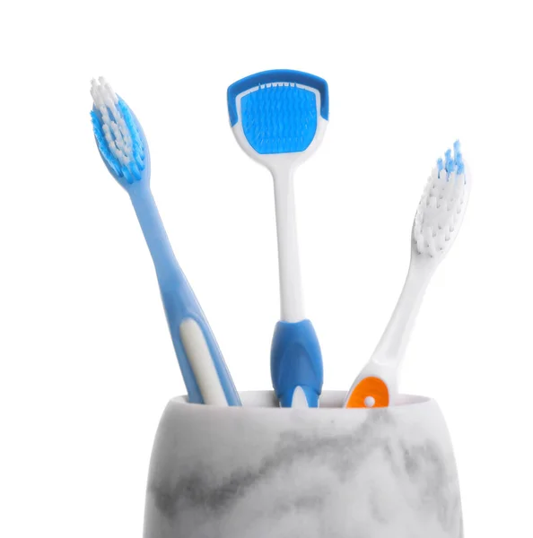 Holder Tongue Cleaner Toothbrushes White Background — Stock Photo, Image