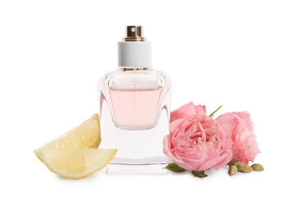 Butelka Perfum Cytryny Kwiatów Białym Tle — Zdjęcie stockowe