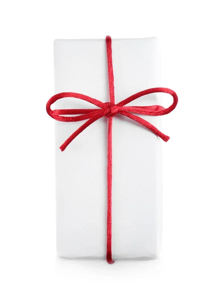 Hermosa Caja Regalo Con Cuerda Roja Aislada Blanco Vista Superior —  Fotos de Stock
