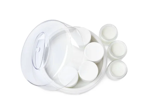 Fabricante Yogur Moderno Con Frascos Completos Sobre Fondo Blanco Vista —  Fotos de Stock
