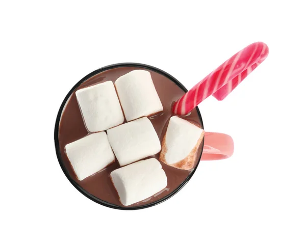 Copa Delicioso Chocolate Caliente Con Malvaviscos Bastón Caramelo Aislado Blanco — Foto de Stock