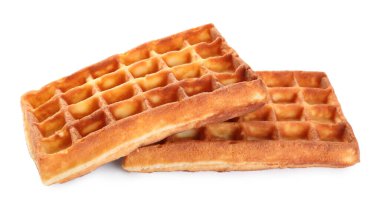 Beyaz arka planda iki lezzetli Belçika waffle 'ı
