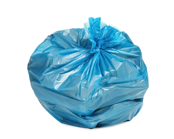 Blauer Müllsack Gefüllt Mit Müll Isoliert Auf Weißem Grund — Stockfoto