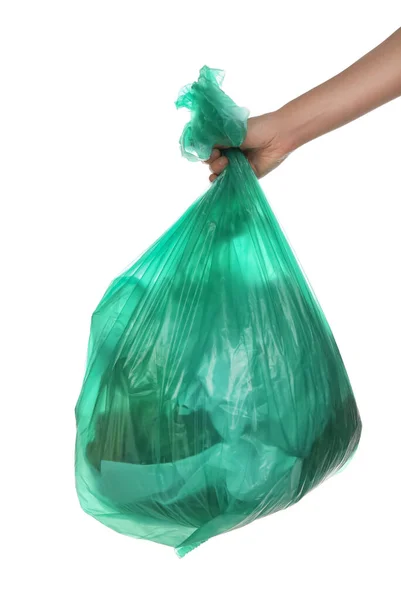 Woman Holding Trash Bag Filled Garbage White Background Closeup — Stock Photo, Image