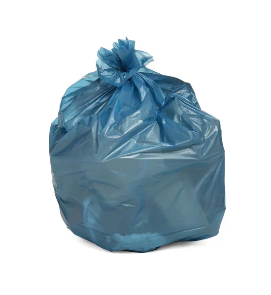 Saco Lixo Azul Cheio Lixo Isolado Branco — Fotografia de Stock