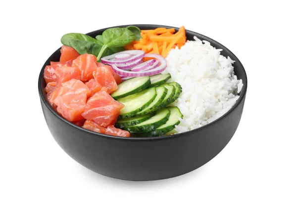 有鲑鱼和蔬菜的美味大碗 在白色中分离出来 — 图库照片