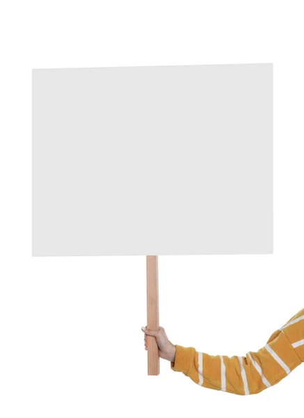 Žena Drží Prázdný Znak Bílém Pozadí Detailní Záběr — Stock fotografie