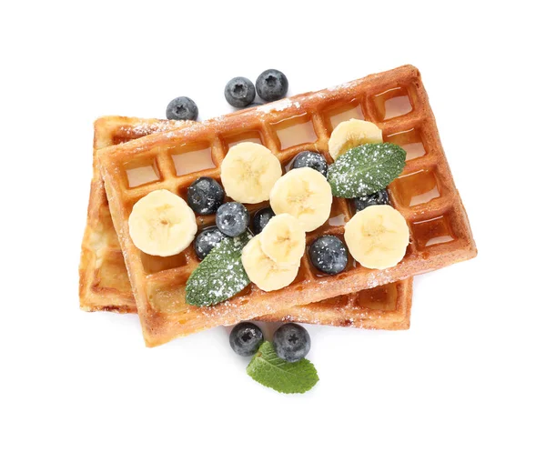 Delicious Belgian Waffles Blueberries Banana White Background Top View — Stock Photo, Image