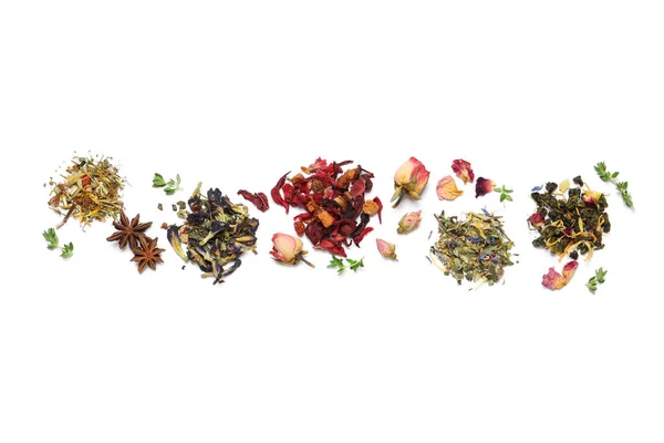 Different Dry Herbal Teas White Background Top View — Stock Photo, Image