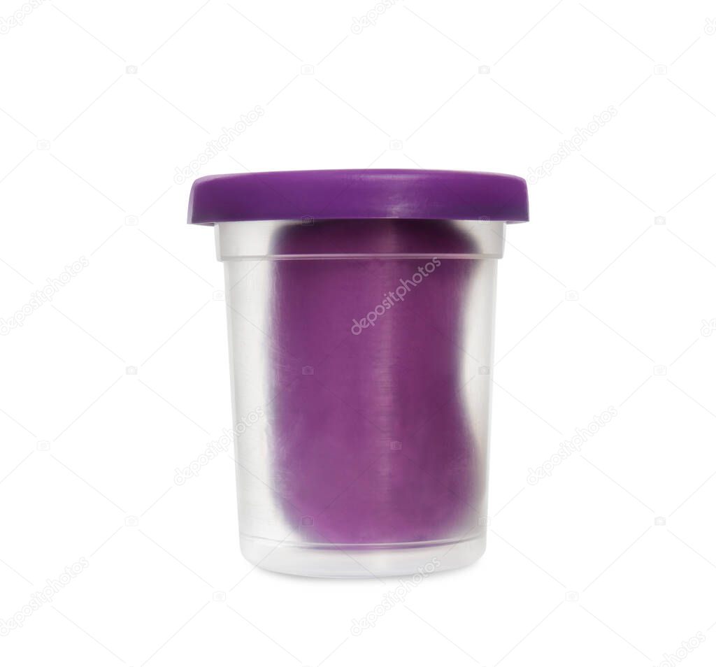 Plastic container of purple play dough isolated on white