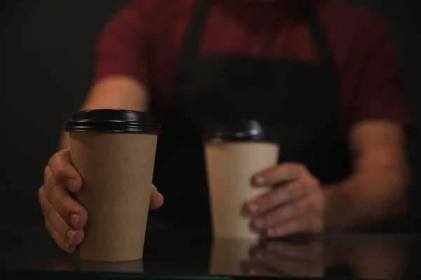 Barista Putting Takeaway Coffee Cups Glass Table Closeup — Stock Photo, Image