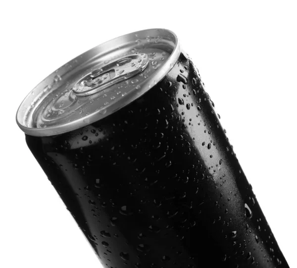 Černá Plechovka Energetického Nápoje Kapkami Vody Izolovanými Bílém Detailní Záběr — Stock fotografie