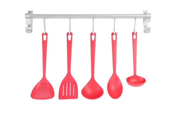 Metallgestell Mit Einem Satz Roter Küchenutensilien Auf Weißem Hintergrund — Stockfoto
