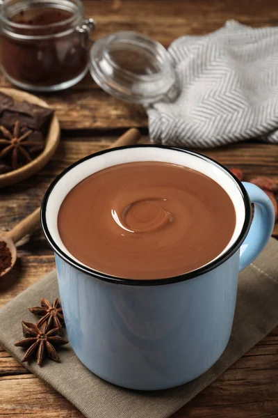 Chocolate Quente Gostoso Caneca Mesa Madeira — Fotografia de Stock