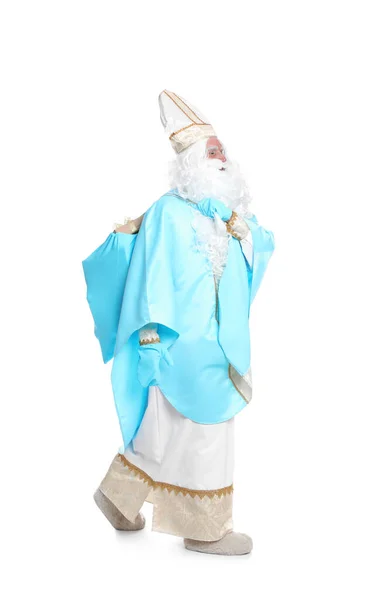 Beyaz Arkaplanda Hediyeler Taşıyan Aziz Nicholas Tam Boy Portresi — Stok fotoğraf