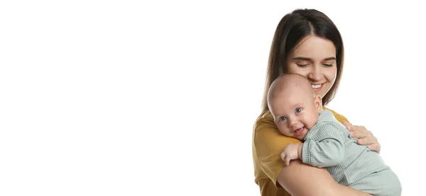 Mãe Bonita Com Seu Bebê Bonito Fundo Branco Design Banner — Fotografia de Stock